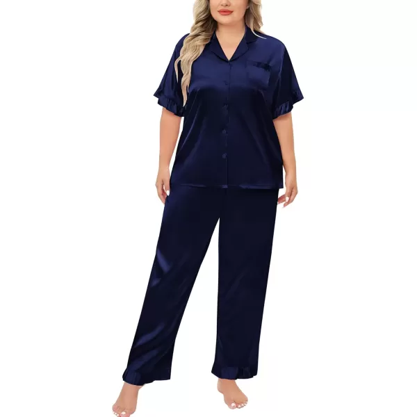 SWOMOG Plus Size Pajamas for Women Satin Silk Short Sleeve Ruffle Hem PJs Button Down Sleepwear with Long Pants 2Pcs PJ SetsDeep Navy Blue