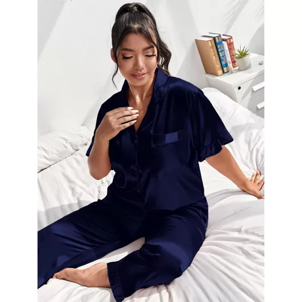 SWOMOG Plus Size Pajamas for Women Satin Silk Short Sleeve Ruffle Hem PJs Button Down Sleepwear with Long Pants 2Pcs PJ SetsDeep Navy Blue