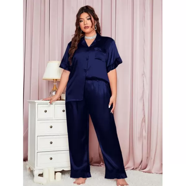 SWOMOG Plus Size Pajamas for Women Satin Silk Short Sleeve Ruffle Hem PJs Button Down Sleepwear with Long Pants 2Pcs PJ SetsDeep Navy Blue