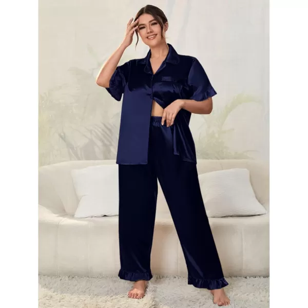 SWOMOG Plus Size Pajamas for Women Satin Silk Short Sleeve Ruffle Hem PJs Button Down Sleepwear with Long Pants 2Pcs PJ SetsDeep Navy Blue