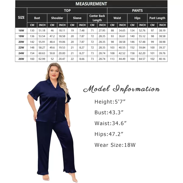 SWOMOG Plus Size Pajamas for Women Satin Silk Short Sleeve Ruffle Hem PJs Button Down Sleepwear with Long Pants 2Pcs PJ SetsDeep Navy Blue