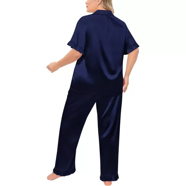 SWOMOG Plus Size Pajamas for Women Satin Silk Short Sleeve Ruffle Hem PJs Button Down Sleepwear with Long Pants 2Pcs PJ SetsDeep Navy Blue