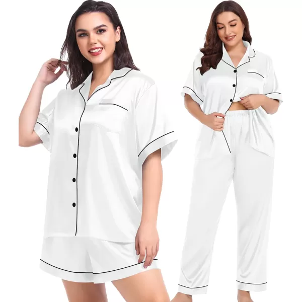 SWOMOG Women Plus Size Pajama Set Button Down Pjs 3pcs Silk Satin Sleepwear Loose Shorts Sleeve Loungewear 18W26WWhite