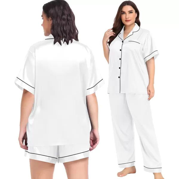 SWOMOG Women Plus Size Pajama Set Button Down Pjs 3pcs Silk Satin Sleepwear Loose Shorts Sleeve Loungewear 18W26WWhite