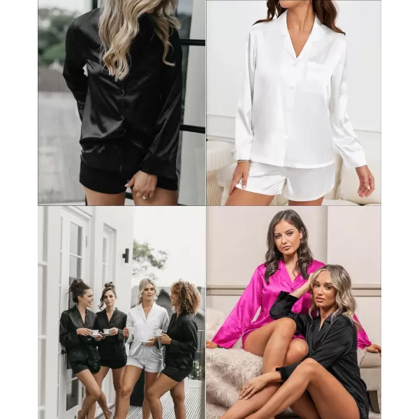 SWOMOG Womens 2 Piece Silk Satin Pajama Set Long Sleeve Lounge Sets Button Down Shirts and Shorts PJs Soft Sleepwear SetBlack