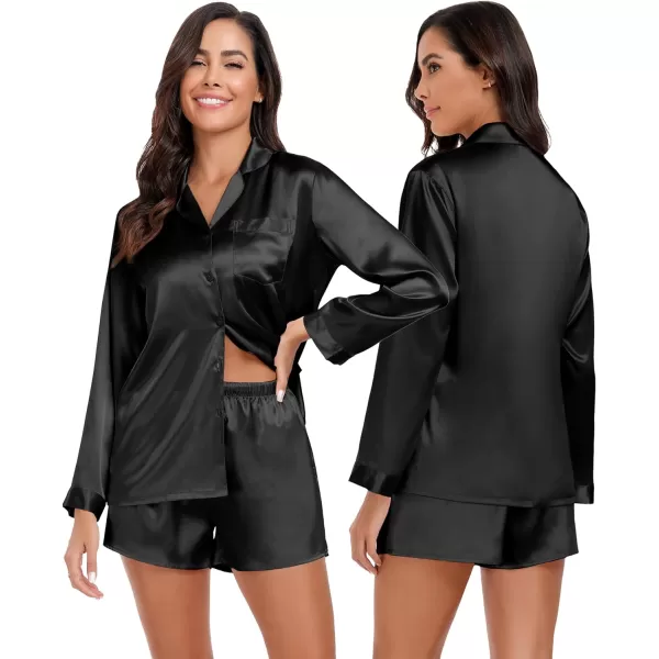 SWOMOG Womens 2 Piece Silk Satin Pajama Set Long Sleeve Lounge Sets Button Down Shirts and Shorts PJs Soft Sleepwear SetBlack