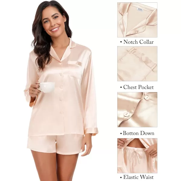 SWOMOG Womens 2 Piece Silk Satin Pajama Set Long Sleeve Lounge Sets Button Down Shirts and Shorts PJs Soft Sleepwear SetChampagne