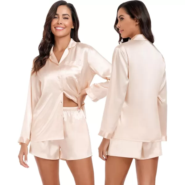 SWOMOG Womens 2 Piece Silk Satin Pajama Set Long Sleeve Lounge Sets Button Down Shirts and Shorts PJs Soft Sleepwear SetChampagne