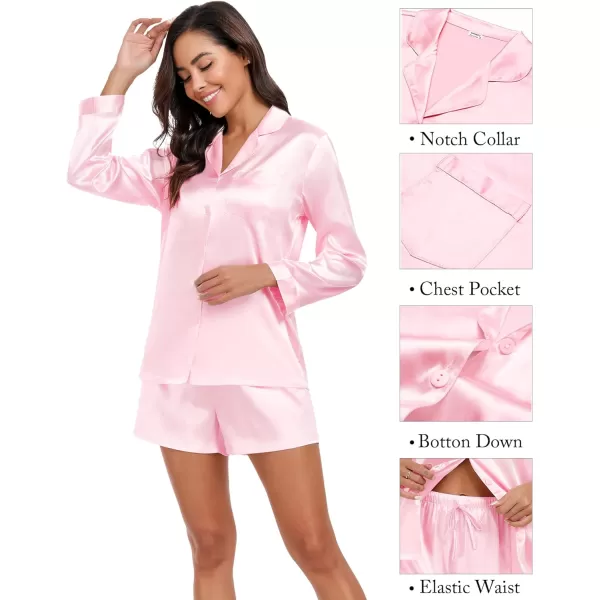 SWOMOG Womens 2 Piece Silk Satin Pajama Set Long Sleeve Lounge Sets Button Down Shirts and Shorts PJs Soft Sleepwear SetPink