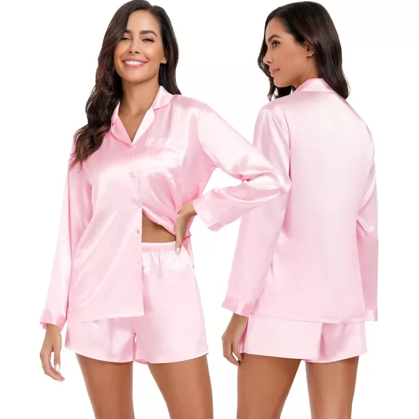 SWOMOG Womens 2 Piece Silk Satin Pajama Set Long Sleeve Lounge Sets Button Down Shirts and Shorts PJs Soft Sleepwear SetPink