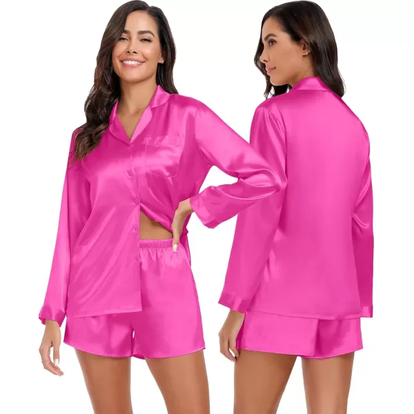 SWOMOG Womens 2 Piece Silk Satin Pajama Set Long Sleeve Lounge Sets Button Down Shirts and Shorts PJs Soft Sleepwear SetRed Rose