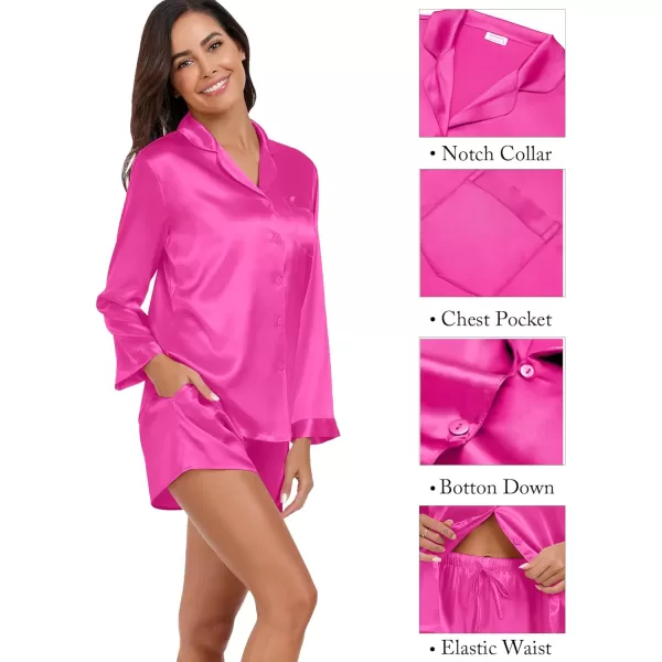 SWOMOG Womens 2 Piece Silk Satin Pajama Set Long Sleeve Lounge Sets Button Down Shirts and Shorts PJs Soft Sleepwear SetRed Rose