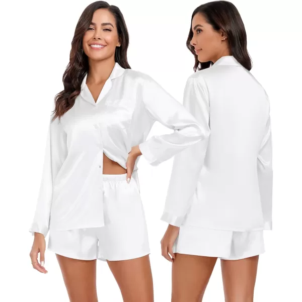 SWOMOG Womens 2 Piece Silk Satin Pajama Set Long Sleeve Lounge Sets Button Down Shirts and Shorts PJs Soft Sleepwear SetWhite