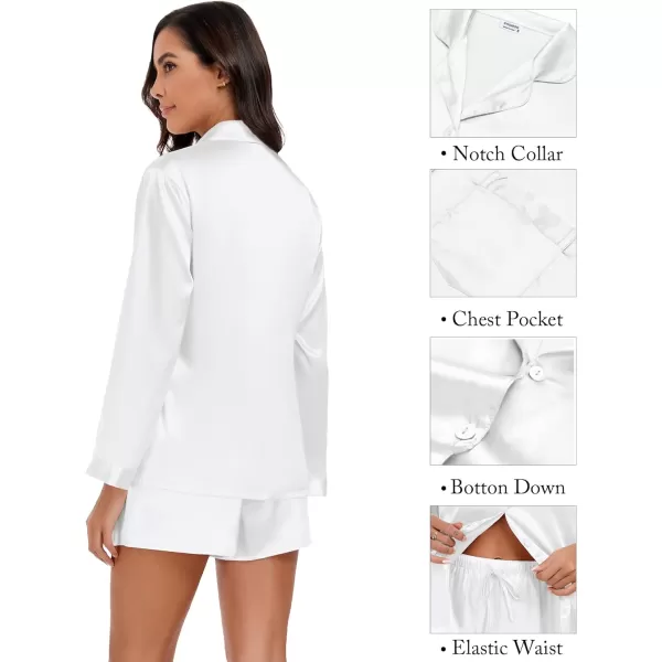 SWOMOG Womens 2 Piece Silk Satin Pajama Set Long Sleeve Lounge Sets Button Down Shirts and Shorts PJs Soft Sleepwear SetWhite