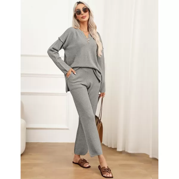 SWOMOG Womens 2 Piece Trendy Outfits Lounge Sets with Pockets Slouchy Loungewear Knit Sweater Matching SetsGrey