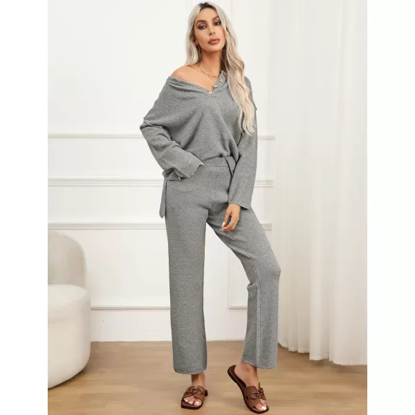 SWOMOG Womens 2 Piece Trendy Outfits Lounge Sets with Pockets Slouchy Loungewear Knit Sweater Matching SetsGrey