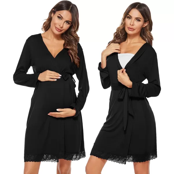 SWOMOG Womens Maternity Nursing Robe Pregnancy Hospital Breastfeeding Bathrobes 3 in 1 Labor Delivery NightgownsBlack