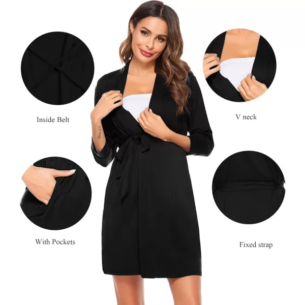 SWOMOG Womens Maternity Nursing Robe Pregnancy Hospital Breastfeeding Bathrobes 3 in 1 Labor Delivery NightgownsBlackpocket