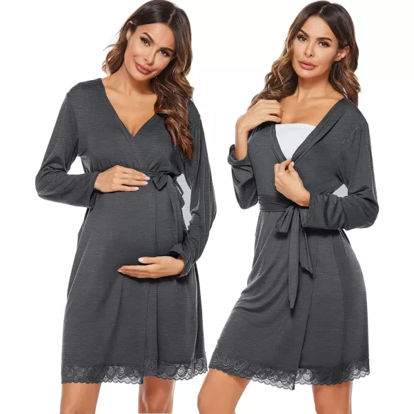 SWOMOG Womens Maternity Nursing Robe Pregnancy Hospital Breastfeeding Bathrobes 3 in 1 Labor Delivery NightgownsDark Gray