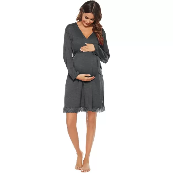 SWOMOG Womens Maternity Nursing Robe Pregnancy Hospital Breastfeeding Bathrobes 3 in 1 Labor Delivery NightgownsDark Gray