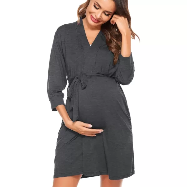 SWOMOG Womens Maternity Nursing Robe Pregnancy Hospital Breastfeeding Bathrobes 3 in 1 Labor Delivery NightgownsDark Graypocket