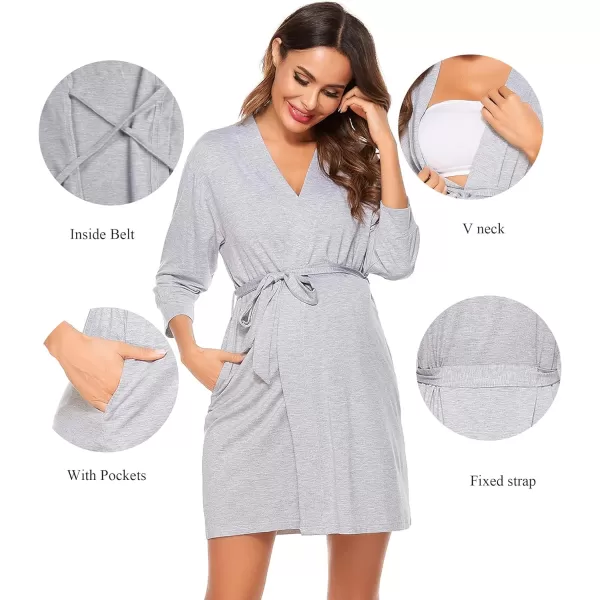 SWOMOG Womens Maternity Nursing Robe Pregnancy Hospital Breastfeeding Bathrobes 3 in 1 Labor Delivery NightgownsGraypocket