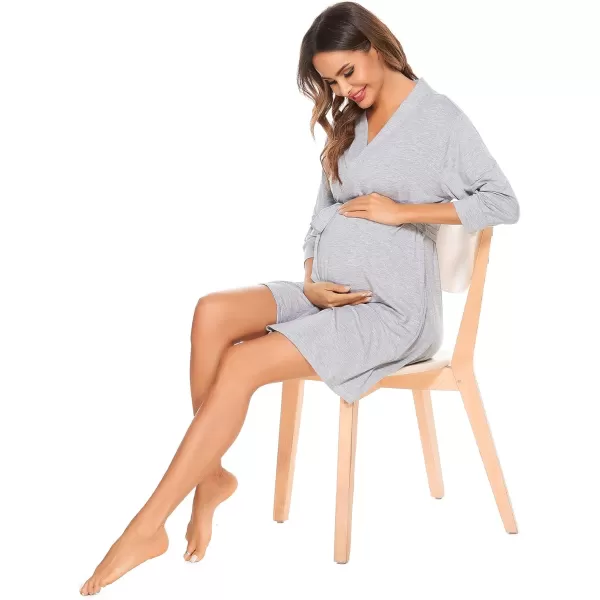 SWOMOG Womens Maternity Nursing Robe Pregnancy Hospital Breastfeeding Bathrobes 3 in 1 Labor Delivery NightgownsGraypocket