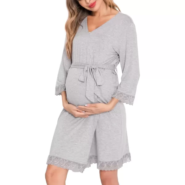 SWOMOG Womens Maternity Nursing Robe Pregnancy Hospital Breastfeeding Bathrobes 3 in 1 Labor Delivery NightgownsLace at Cuffsegrey