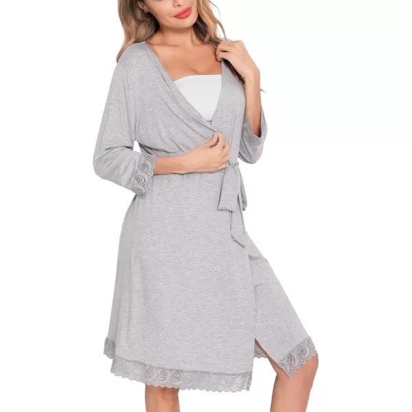 SWOMOG Womens Maternity Nursing Robe Pregnancy Hospital Breastfeeding Bathrobes 3 in 1 Labor Delivery NightgownsLace at Cuffsegrey