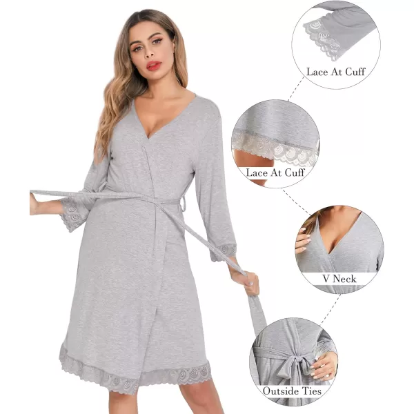 SWOMOG Womens Maternity Nursing Robe Pregnancy Hospital Breastfeeding Bathrobes 3 in 1 Labor Delivery NightgownsLace at Cuffsegrey