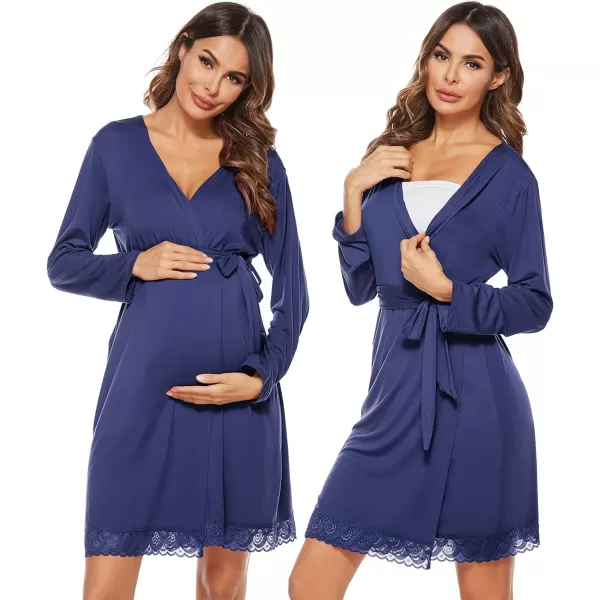 SWOMOG Womens Maternity Nursing Robe Pregnancy Hospital Breastfeeding Bathrobes 3 in 1 Labor Delivery NightgownsNavy Blue