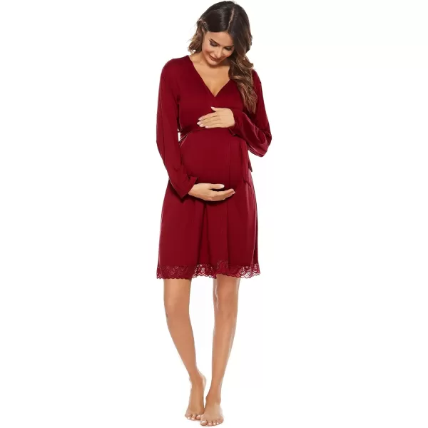 SWOMOG Womens Maternity Nursing Robe Pregnancy Hospital Breastfeeding Bathrobes 3 in 1 Labor Delivery NightgownsWine Red