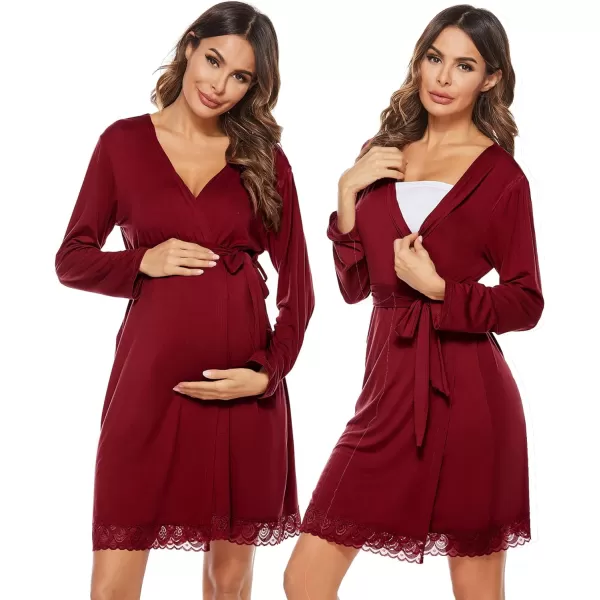 SWOMOG Womens Maternity Nursing Robe Pregnancy Hospital Breastfeeding Bathrobes 3 in 1 Labor Delivery NightgownsWine Red