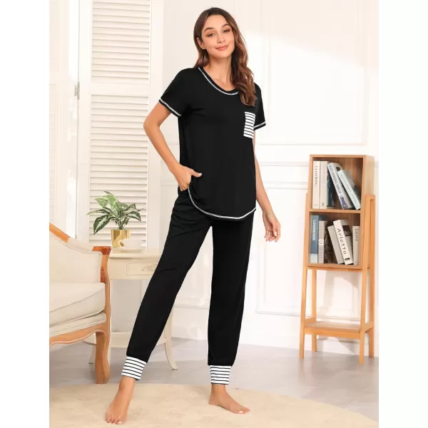 SWOMOG Womens Pajama Set Modal Striped Round Neck Top Pj Pants with Pockets LoungewearBlack