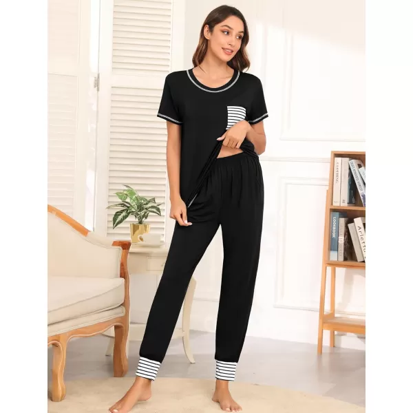 SWOMOG Womens Pajama Set Modal Striped Round Neck Top Pj Pants with Pockets LoungewearBlack