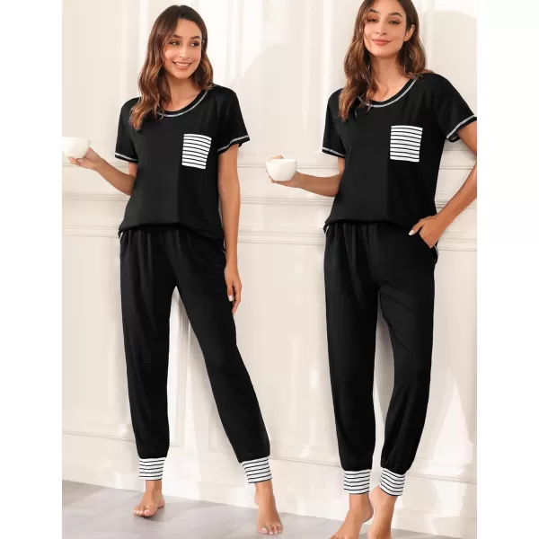 SWOMOG Womens Pajama Set Modal Striped Round Neck Top Pj Pants with Pockets LoungewearBlack