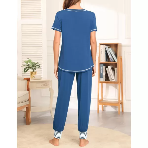 SWOMOG Womens Pajama Set Modal Striped Round Neck Top Pj Pants with Pockets LoungewearBlue