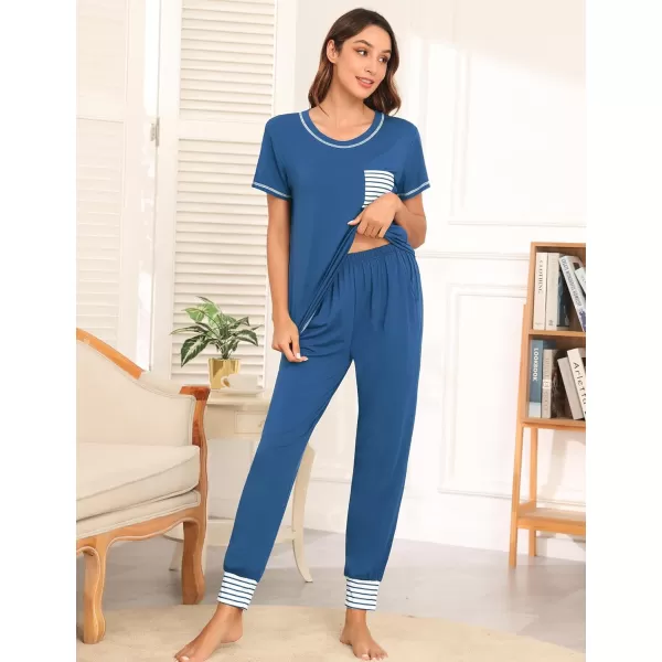 SWOMOG Womens Pajama Set Modal Striped Round Neck Top Pj Pants with Pockets LoungewearBlue