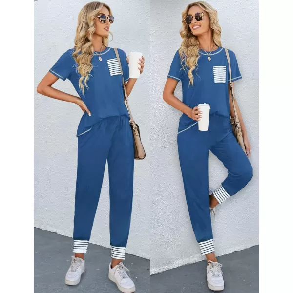 SWOMOG Womens Pajama Set Modal Striped Round Neck Top Pj Pants with Pockets LoungewearBlue