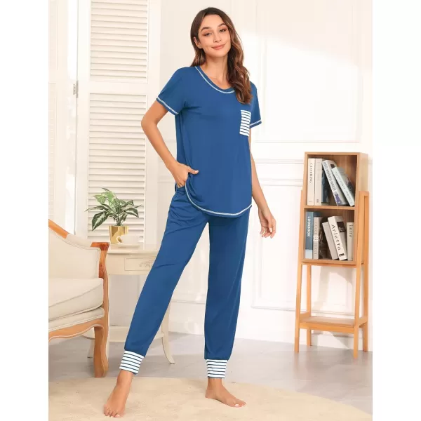 SWOMOG Womens Pajama Set Modal Striped Round Neck Top Pj Pants with Pockets LoungewearBlue