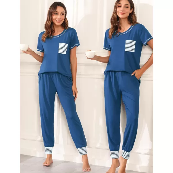 SWOMOG Womens Pajama Set Modal Striped Round Neck Top Pj Pants with Pockets LoungewearBlue