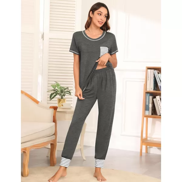 SWOMOG Womens Pajama Set Modal Striped Round Neck Top Pj Pants with Pockets LoungewearDeep Grey