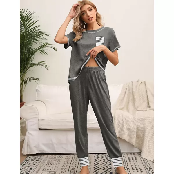 SWOMOG Womens Pajama Set Modal Striped Round Neck Top Pj Pants with Pockets LoungewearDeep Grey