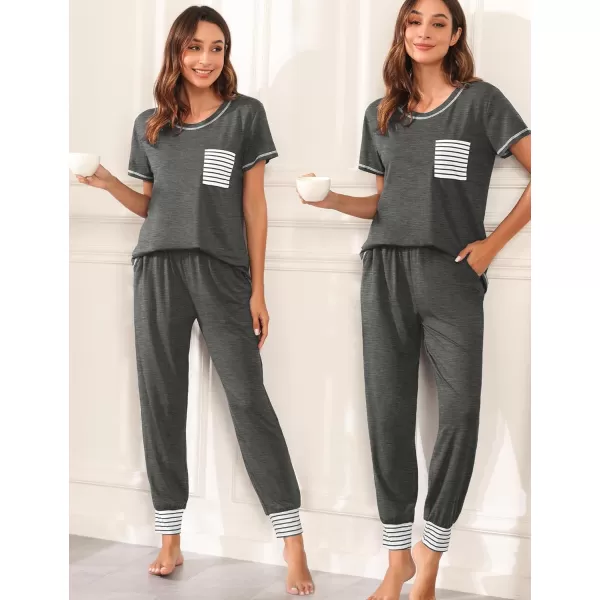 SWOMOG Womens Pajama Set Modal Striped Round Neck Top Pj Pants with Pockets LoungewearDeep Grey