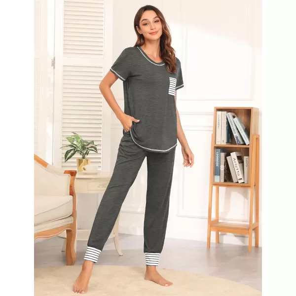 SWOMOG Womens Pajama Set Modal Striped Round Neck Top Pj Pants with Pockets LoungewearDeep Grey