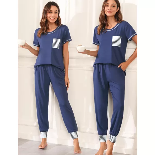 SWOMOG Womens Pajama Set Modal Striped Round Neck Top Pj Pants with Pockets LoungewearNavy Blue