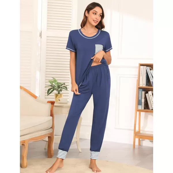 SWOMOG Womens Pajama Set Modal Striped Round Neck Top Pj Pants with Pockets LoungewearNavy Blue