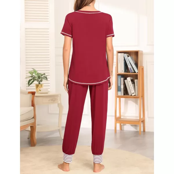 SWOMOG Womens Pajama Set Modal Striped Round Neck Top Pj Pants with Pockets LoungewearWine Red