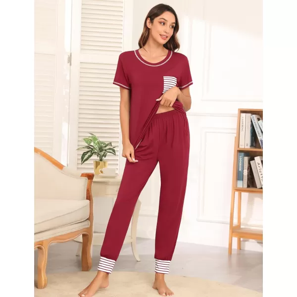 SWOMOG Womens Pajama Set Modal Striped Round Neck Top Pj Pants with Pockets LoungewearWine Red