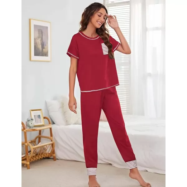 SWOMOG Womens Pajama Set Modal Striped Round Neck Top Pj Pants with Pockets LoungewearWine Red